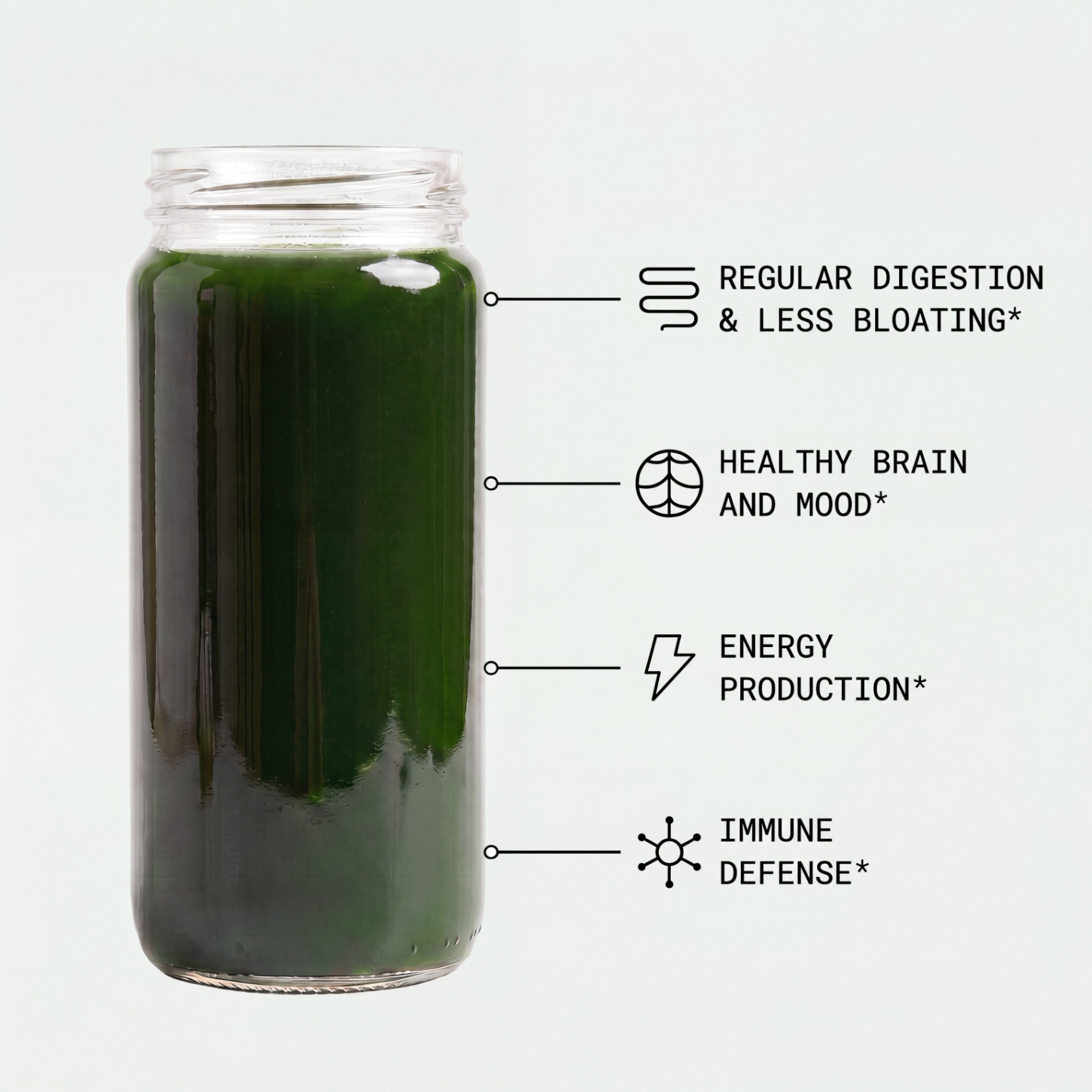 Glass jar of Athlete Reset Greens with labeled benefits